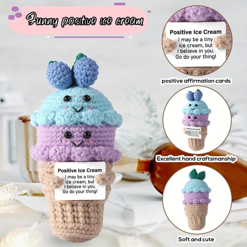 Positive Crochet Ice Cream, 1 Count Emotional Support Cute Ice Cream Shaped Knitted Doll, Crochet Toys, Encouragement Gifts, Birthday Festival Gifts