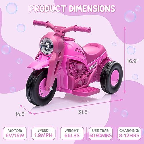 6V Battery Powered Electric Bubble Car Motorcycle for Toddlers 3+, 1.9 MPH Speed, LED Headlights, Music, Pedal, Forward Reverse, 3 Wheels, Available in Pink, Red, Beige, Green