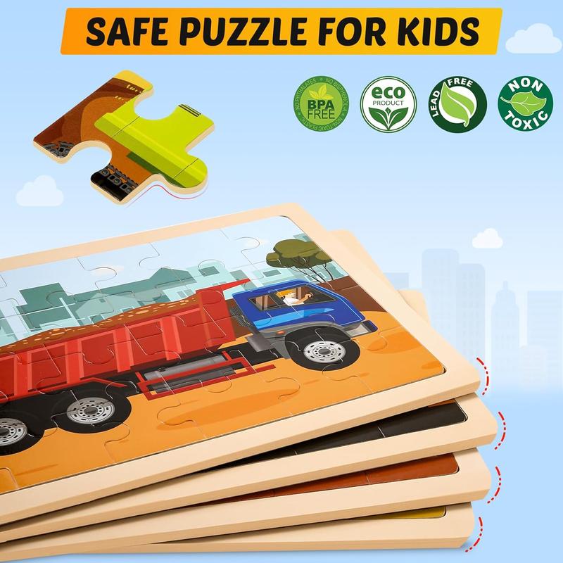 Wooden Vehicle Puzzles for Kids Age 3 4 5 Year Old, 4 Pack 24 count Montessori Toddler Jigsaw Puzzles for Girl boy Activities Preschool Learning Educational Birthday Gift Travel Autistic Wooden Toys