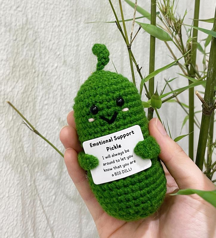 Handmade Emotional Support Pickles, Crochet Doll with Wooden Base, Funny Table Decor, Inspirational Father's Day Gift, Perfect for All Ages