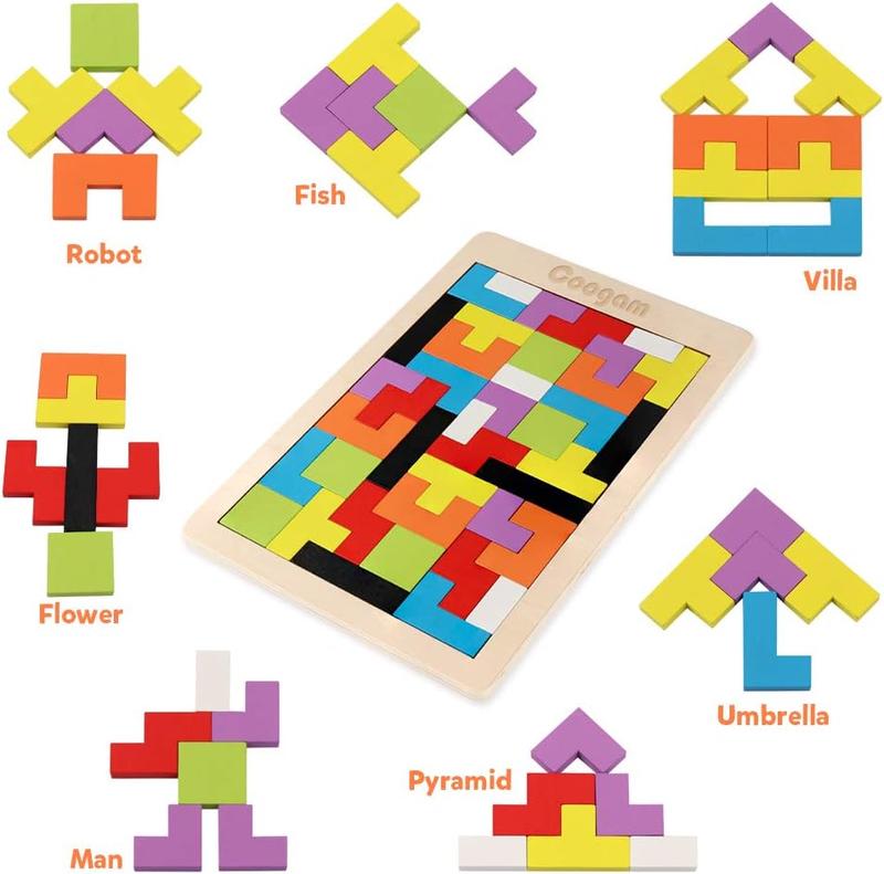 Wooden Blocks Puzzle Brain Teasers Toy Tangram Jigsaw Intelligence Colorful 3D Russian Blocks Game STEM Montessori Educational Gift for Kids (40 Pcs)