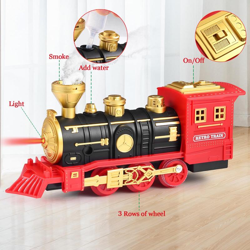 Electric Train Set with Retro Classic Locomotive Engine, Cargo Car and Long Track,Rechargeable Battery Operated Play Train Toys with Smoke, Light&Sounds train carriage，Christmas Train gifts, birthday Train gifts