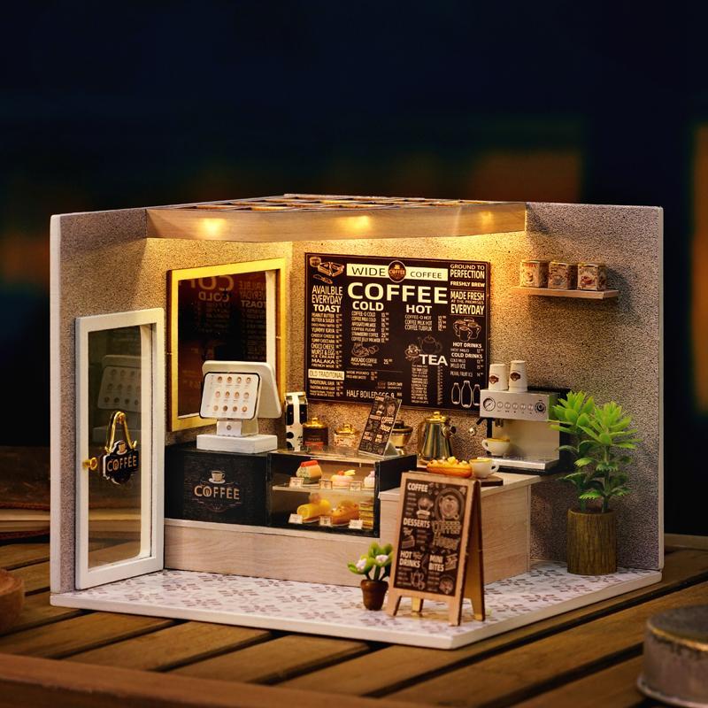 Coffee Shop DIY Wooden Miniature House Kit, 1 Box DIY Miniature Dollhouse Kit, 3D Puzzle, Birthday Gift for Teenagers and Adults