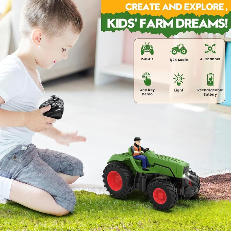 Remote Control Tractor Toys for Kids 3-5, RC Tractor Toy with Farmer & Light,1:24 Scale, Rechargeable Farm Toy Tractor for Toddler Toy Set Birthday Gifts for 3 4 5 Year Old Kids Boys Girls