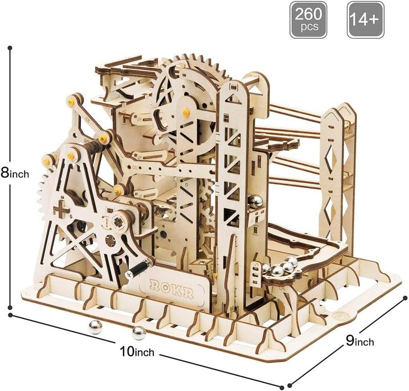 ROKR 3D Assembly Wooden Puzzle Brain Teaser Game Mechanical Gears Set Model Kit Marble Run Set Unique Craft Kits Christmas Birthday Valentine's Gift for Adults & Kids Age 14+(LG503-Lift Coaster)