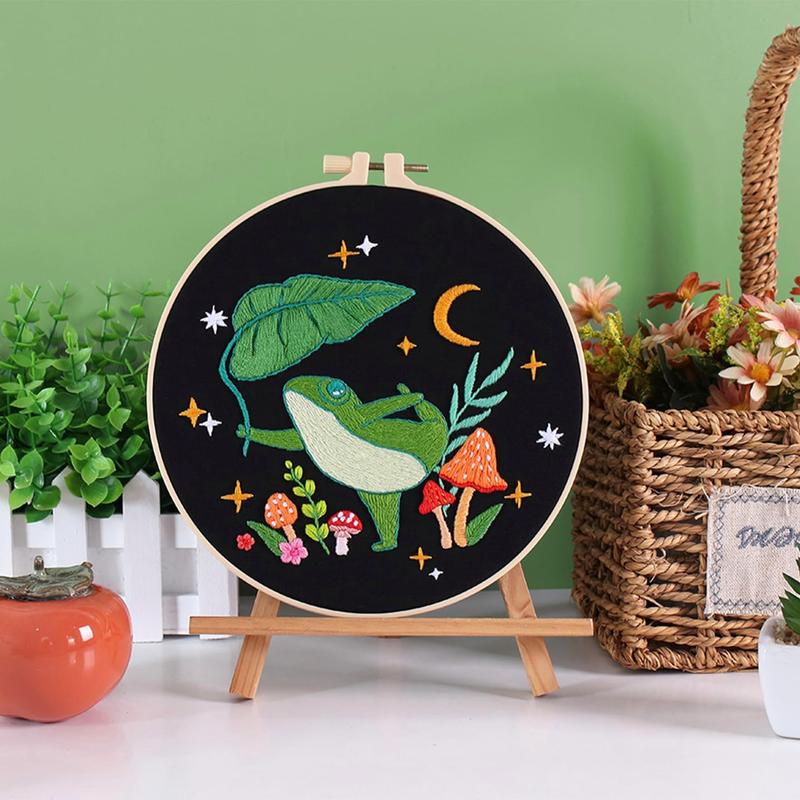 Frog Embroidery Kits for Beginners with Art Night Pattern, Cross Stitch Kit for Adults,DIY Needlepoint Kits for Embroidery Starter