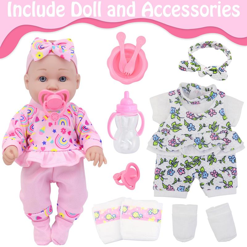 12 Inch Baby Doll With Clothes and Accessories, 16 Piece Baby Doll Toy Set Including 12 Inch Doll, 2 sets of Doll Clothes, Headband, Soft Doll Socks, Cutlery, Feeding Bottles, Diapers, Pacifiers