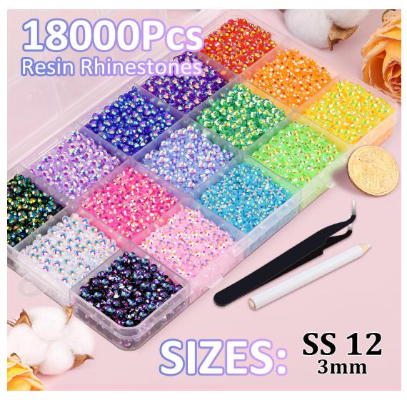 18000Pcs Resin Jelly Rhinestones for Crafting, Multicolor 3mm Flatback Rainbow Gems, Bedazzling Crystal with 3Pcs 10ml B7000 Jewelry Glue for DIY Crafts Clothing Shoes Nail Art