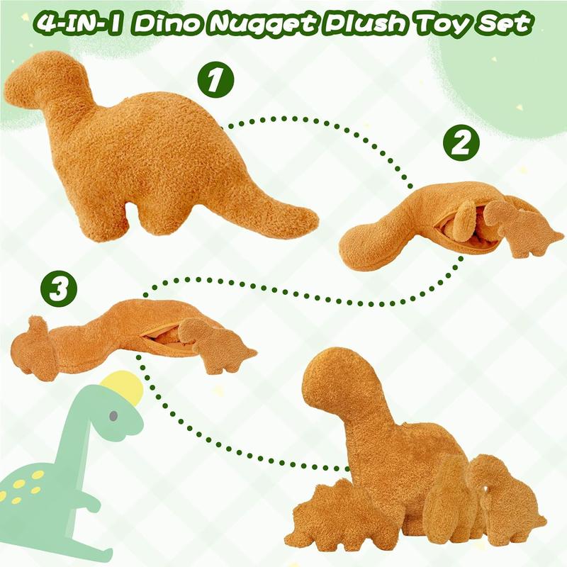 Christmas Gift 4 Pcs Dino Nugget Pillow Set,Large Chicken Nugget Plush with 3 Small Dinosaur Plush Toys