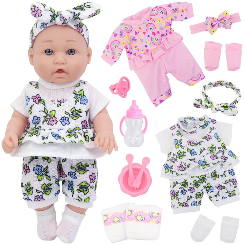 12 Inch Baby Doll With Clothes and Accessories, 16 Piece Baby Doll Toy Set Including 12 Inch Doll, 2 sets of Doll Clothes, Headband, Soft Doll Socks, Cutlery, Feeding Bottles, Diapers, Pacifiers