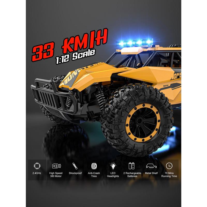 Remote Control Car - 2.4GHz High Speed 33KM H RC Cars Toys, 1:12 RC Monster Trucks Offroad Hobby RC Truck Toys With LED Headlight And Rechargeable Battery Gift For Adults Boys 8-12 Kids