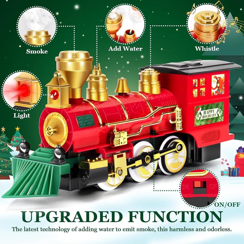 Christmas Electric Train Set Toy with Water Steam, Sounds & Lights and 4 Straight Tracks, Model Train Set for Under The Xmas Tree, Xmas Gifts for 3, 4, 5, 6, 7, 8+ Year Old Boy & Girl