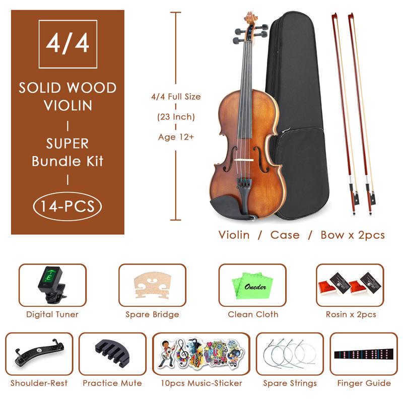 Oneder Premium Violin Set for Adults Performance - Vintage Fiddle for Beginners with Hard Case, Bow, Shoulder Rest, Rosin, Tuner, Extra Bridge Strings