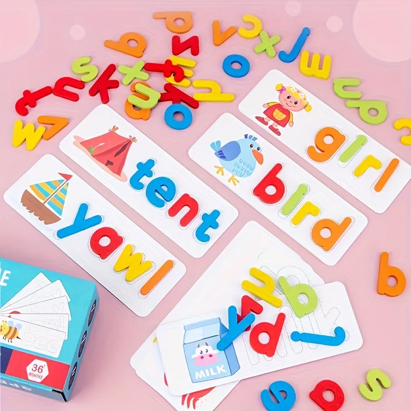 See and Spell Learning Toys, Spell Matching Letter Games, Wooden Puzzle Toys for Preschool, 28 Cards & 52 Letter Blocks, Halloween & Christmas Gifts