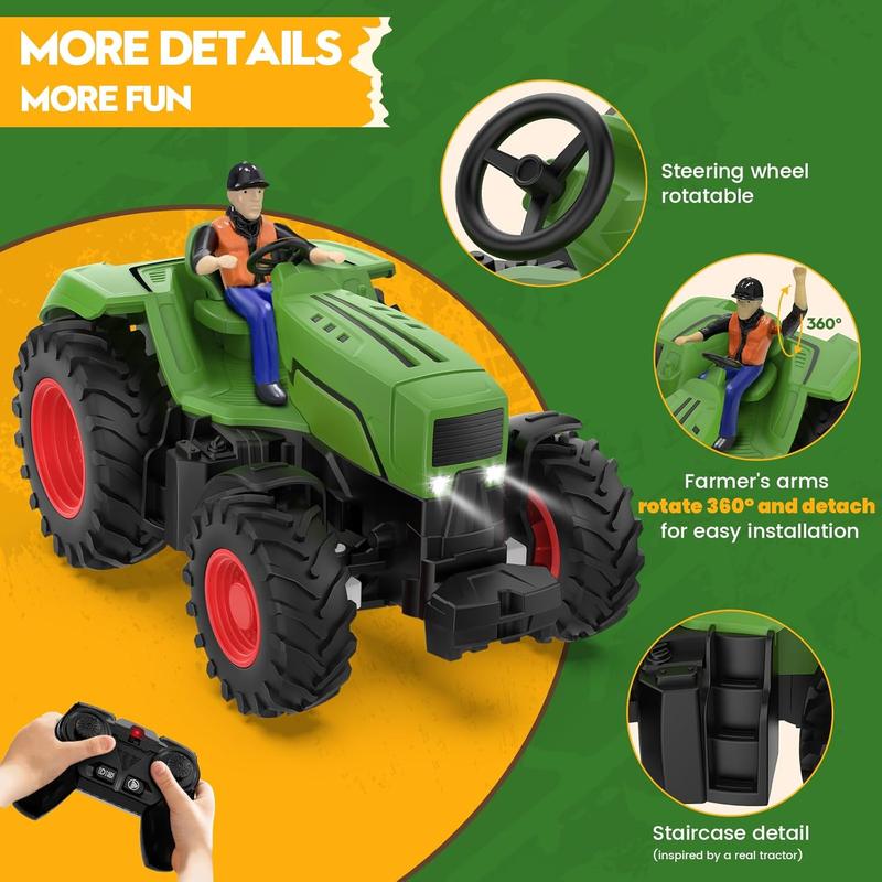 Remote Control Tractor Toys for Kids 3-5, RC Tractor Toy with Farmer & Light,1:24 Scale, Rechargeable Farm Toy Tractor for Toddler Toy Set Birthday Gifts for 3 4 5 Year Old Kids Boys Girls