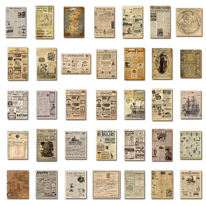 Vintage Newspaper Pattern Sticker, 35pcs set Scrapbooking & Journal Making Material Paper, DIY Decorative Sticker for Stationery Computer Water Bottle