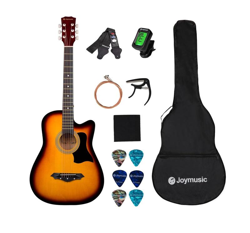 38 inch sunburst beginner acoustic guitar kit,bundle with a strap with picks holder,digital tuner, set strings, capo,cleaning cloth,6 picks,gig bag.(JG-38C,3TS)