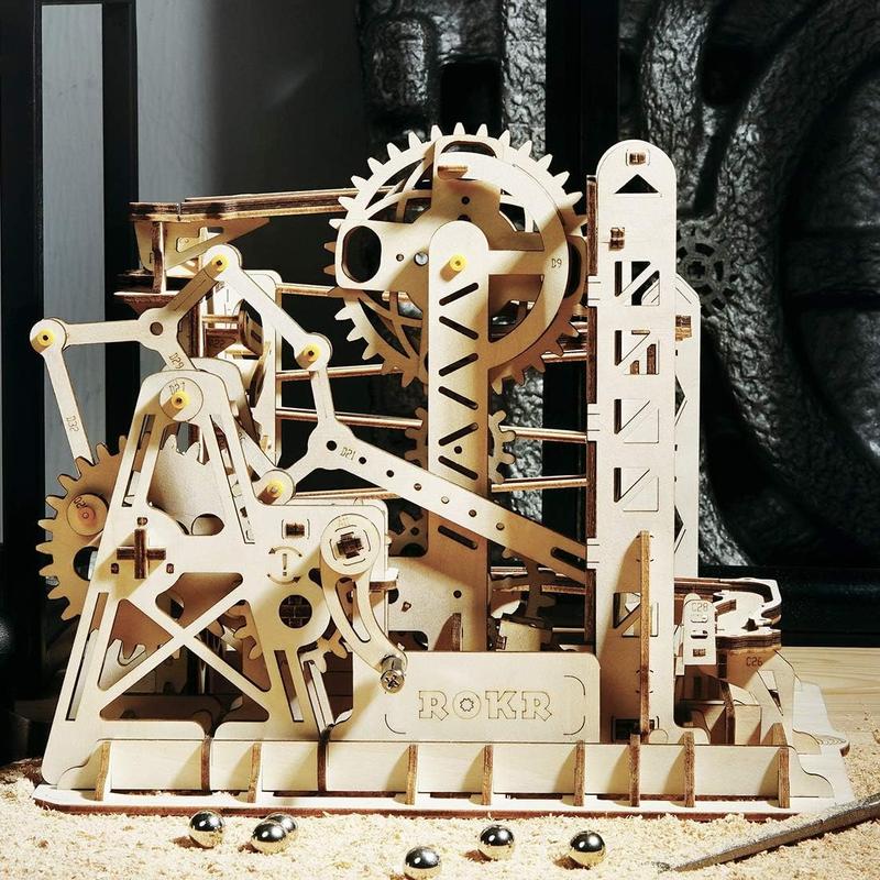 ROKR 3D Assembly Wooden Puzzle Brain Teaser Game Mechanical Gears Set Model Kit Marble Run Set Unique Craft Kits Christmas Birthday Valentine's Gift for Adults & Kids Age 14+(LG503-Lift Coaster)