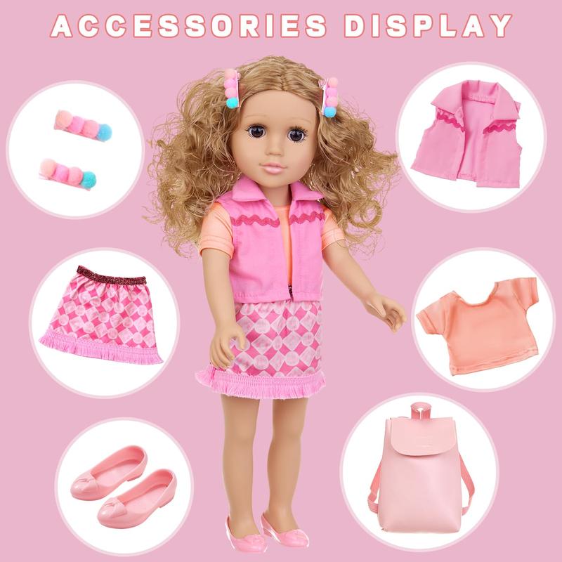 18 inch girl doll playset, including doll clothes and accessories, including 18 inch doll, jacket, t-shirt, skirt, shoe back bag, headband