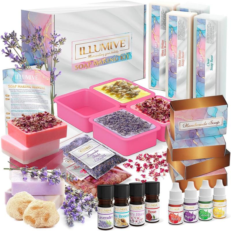 Illumive Soap Making Kit - Glycerin & Shea Butter Soap Base, Soap Molds, Dried Flowers, Fragrances, Dye - DIY Craft Kit for Adults & Kids