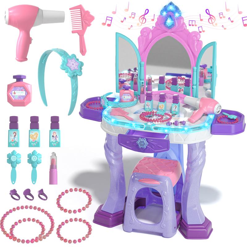 Lehoo Castle Pretend Play Girls Makeup Table Set with Stool，Kids Vanity Set with Lights and Music，Kids Beauty Salon Set with Makeup Accessories & Hair Dryer Toy，Best Birthday Gifts, Back to school gifts makeup toys girl memory training and observation