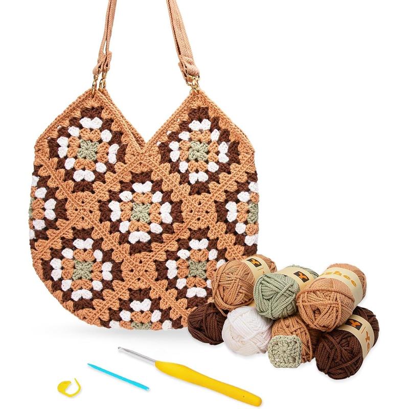 Crochet Kit for Beginners, Crochet Bag Starter Kit with Step-by-Step Video Tutorials, Granny Square Crochet Tote Bag Set, Knitting Kit Including Yarn, Crochet Hook, Cookies