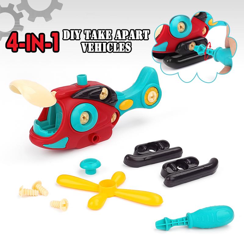 deAO 4 PCS Take Apart Toys with Screwdriver, STEM Educational Construction Building Toys with Airplane Racing Car Helicopter Fire Engine, Tool Set Play Assemble Toys Gift