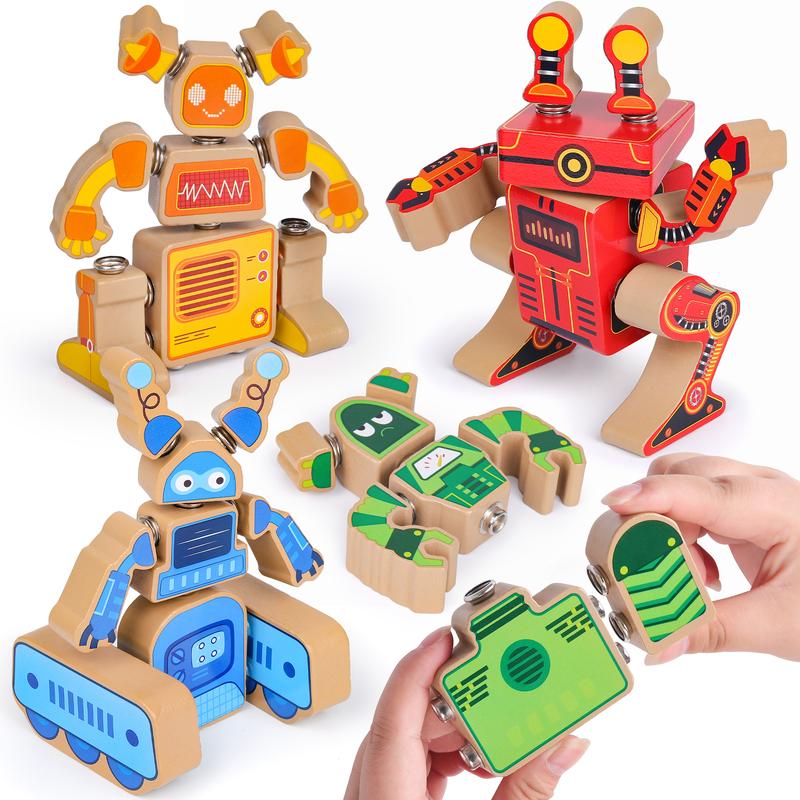 Wooden Robot Building Block Set, Snap Together Robot Builders, STEM Educational Toy for Kids