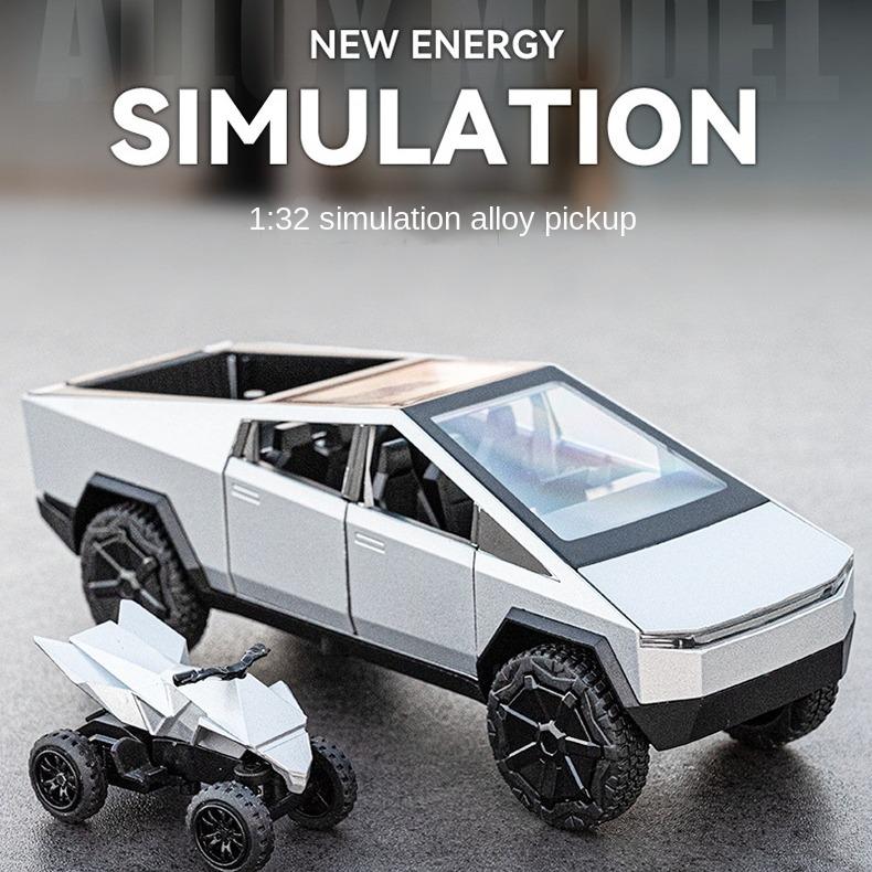 1:32 Scale Tesla Cybertruck Toy Pickup with LED Lights, Realistic Sounds, Friction-Powered Pullback – Ideal Gift for Kids & Car Enthusiasts tesla cybertruck