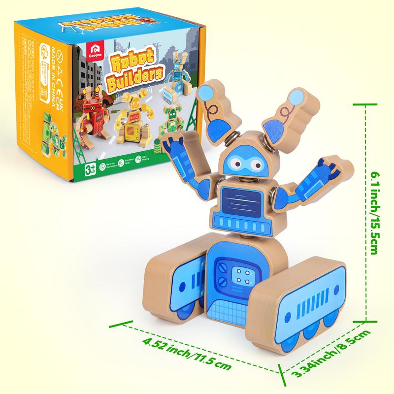 Wooden Robot Building Block Set, Snap Together Robot Builders, STEM Educational Toy for Kids