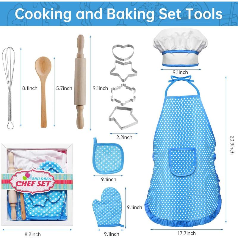 Kids Cooking and Baking Set, 11 Pieces Kids Apron, Chef Costume Set Including Kids Apron and Chef Hat, Gloves and Cooking, Kids Chef Role Play Cooking Toy Gift for Boys Girls