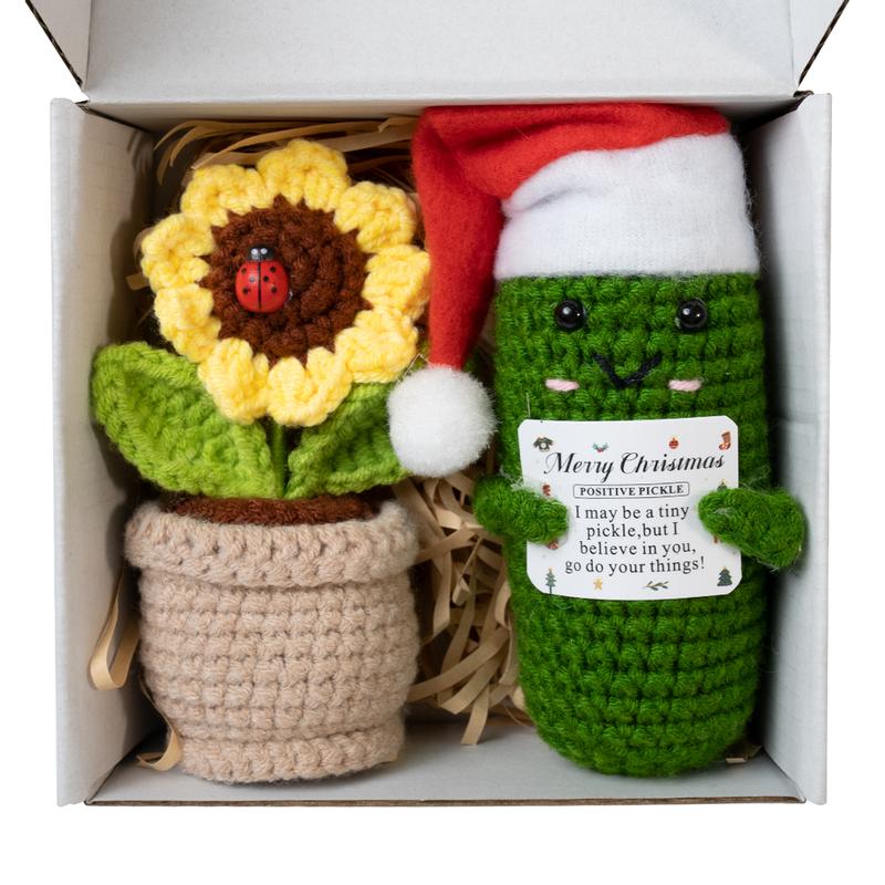 Handmade Emotional Support Pickles,Cucumber Crochet Doll Inspirational Valentine's Day Gift with Wooden Base for Table Decor Handmade Emotional Support Pickles, Crochet Pickle Ornament for Office Table