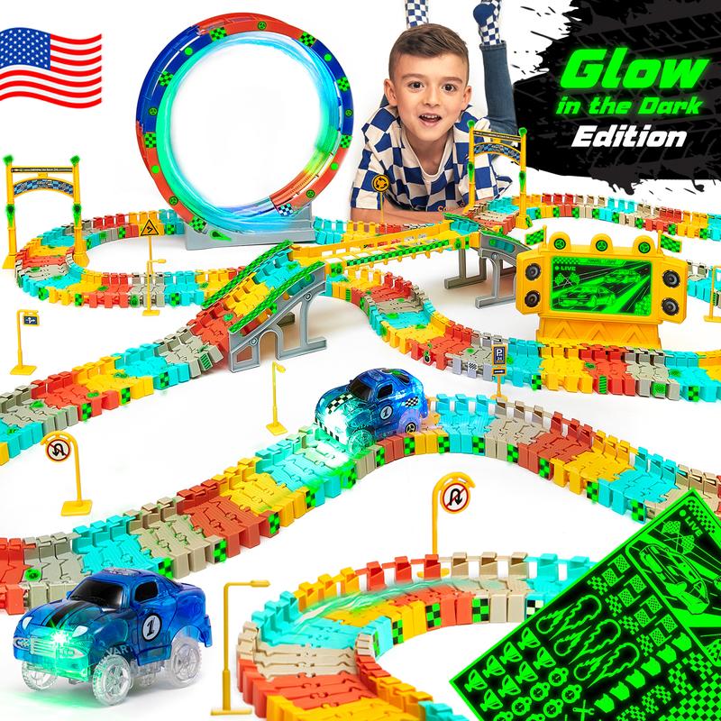 Race Track Set Glow in The Dark Track Toy for Boys & Girls Age 3, 4, 5, 6 and 7 | Outrun The Light and Create Thrilling Tracks with FlashTrack Race Set by JitteryGit - Multicoloured Educational Gift Set for Boys & Girls