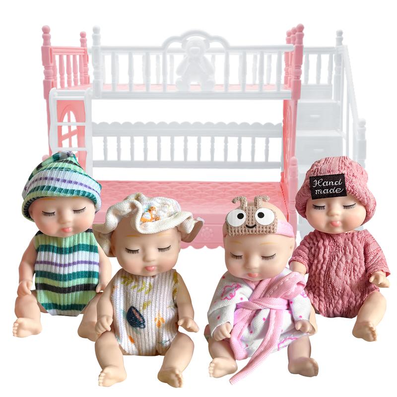 AMETUS 4 Pcs Mini Baby Dolls with Bunk Bed, Dollhouse Bedroom Furniture Set, Little Mini Reborn Babies, Cute Doll for Girls Kids, Birthday Baby Shower Party Gifts, Fashion Clothes Nap Cuties doll house christmas  miniatures doll