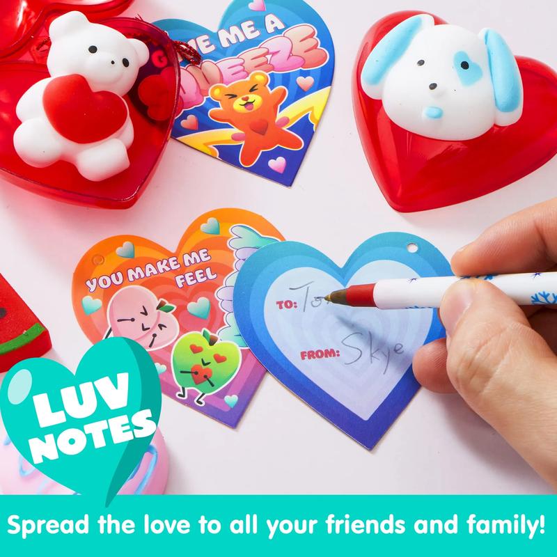 28Pcs Hearts Filled Mochi squishy toy Toys with Kids Valentines Cards for Classroom Exchange