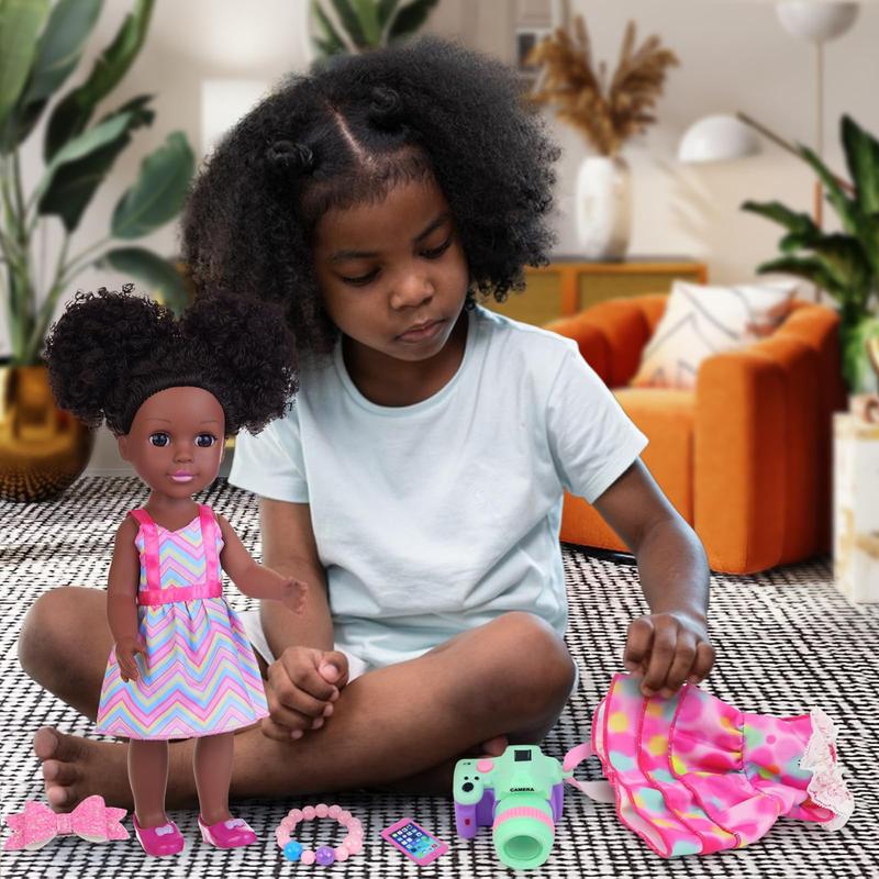 14.5 Inch Black African Baby Doll with Pink Dot Skirt and Accessories Set Silicone Black Doll Realistic Black Girl Doll