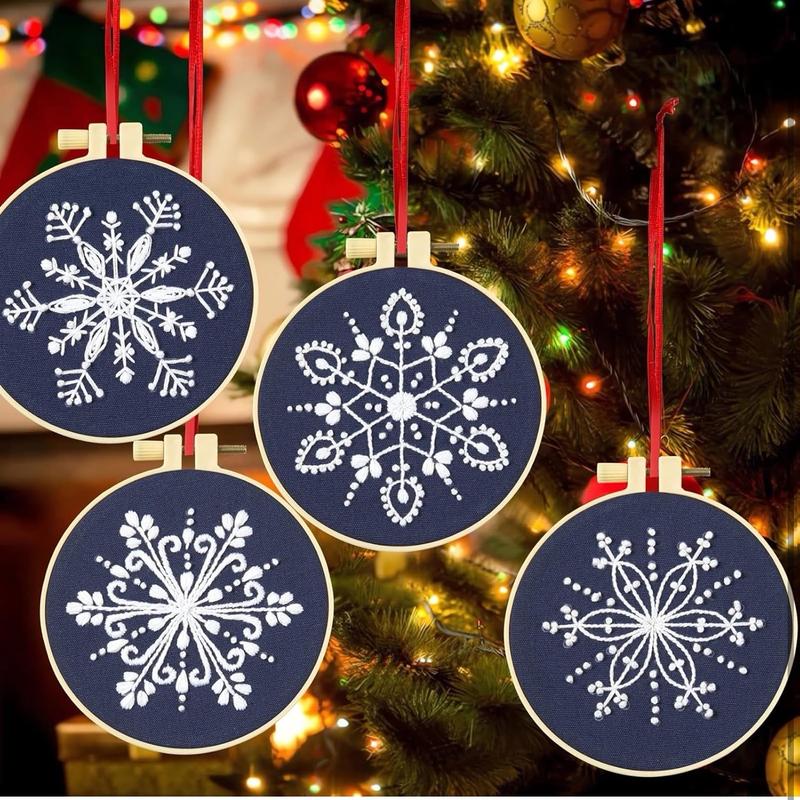 Winter Christmas Embroidery Kit for Beginners - 6 Sets Snowflakes Cross DIY Needlepoint Kit with Instructions and Supplies