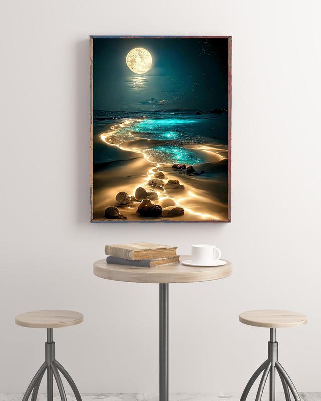 Moonlight Beach Diamond Painting Kits for Adults, 5D Seaside Moon Diamond Art Kits for Beginners, DIY Full Drill Paint with Diamond, Home Wall Decor 12 x 16 Inch