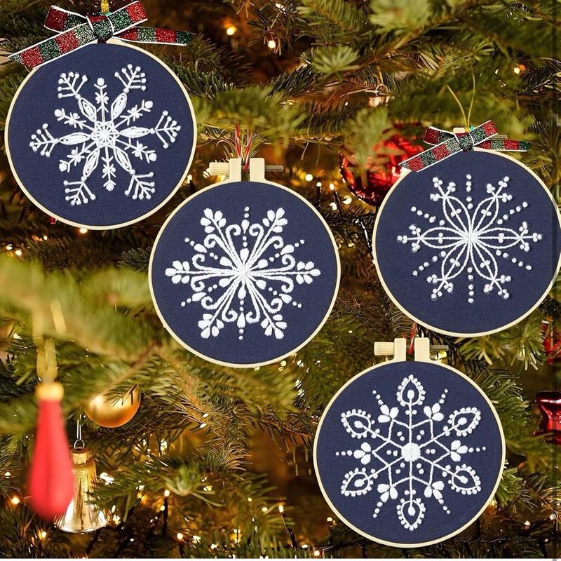 Winter Christmas Embroidery Kit for Beginners - 6 Sets Snowflakes Cross DIY Needlepoint Kit with Instructions and Supplies