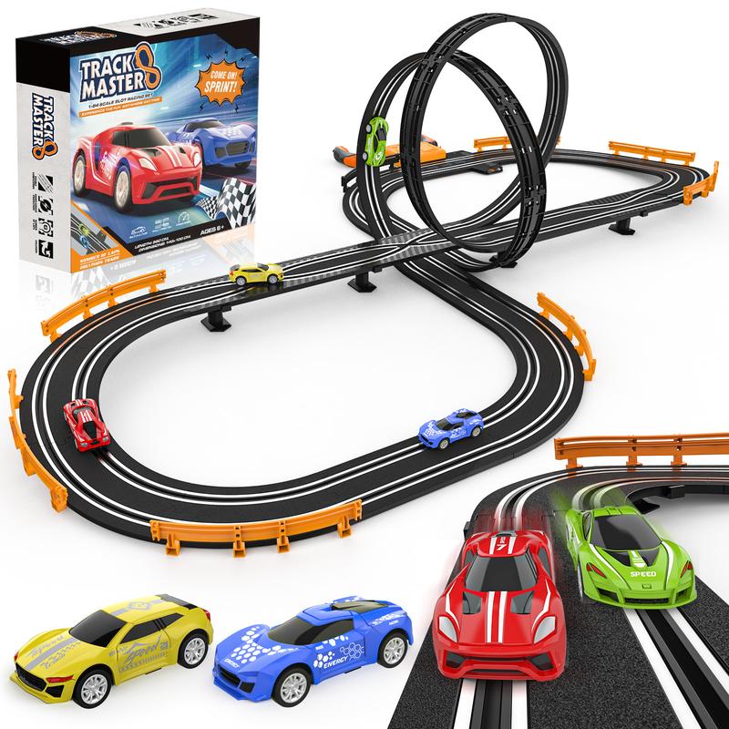 Slot-Car-Race-Track-Sets for Boys Kids, Battery or Electric Race Car Track with 4 High-Speed Slot Cars, Dual Racing Game 2 Hand Controllers Circular Overpass Track, Toys Gifts for 6-8 8-12 Boys Girls rc car offroad  rc