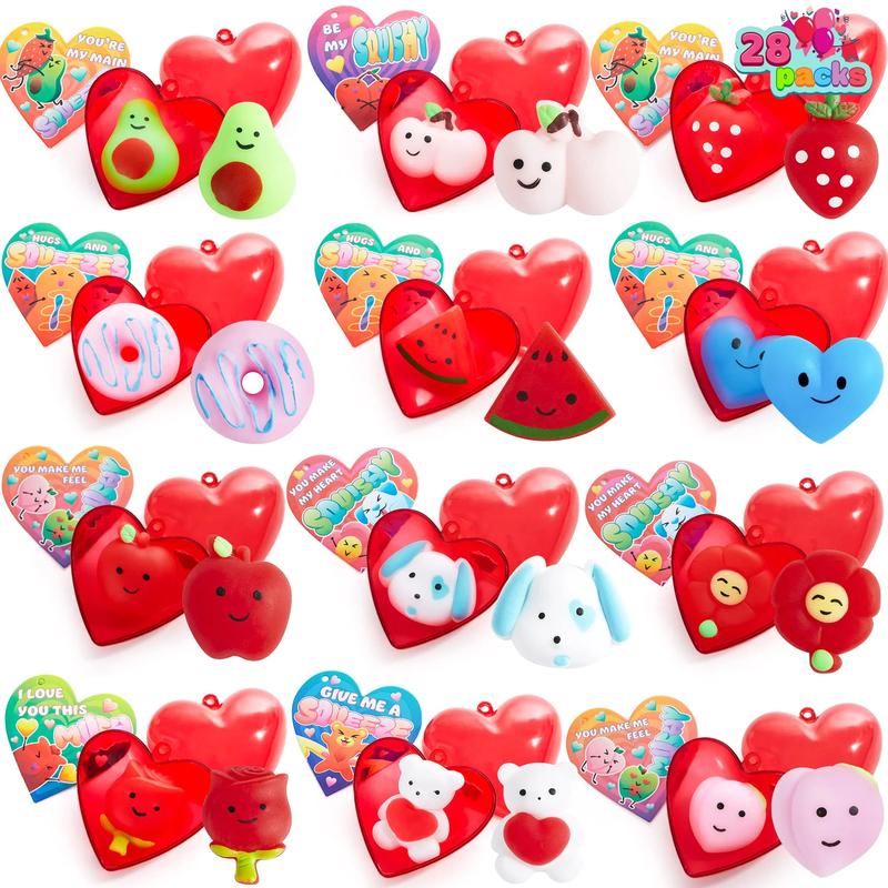 28Pcs Hearts Filled Mochi squishy toy Toys with Kids Valentines Cards for Classroom Exchange