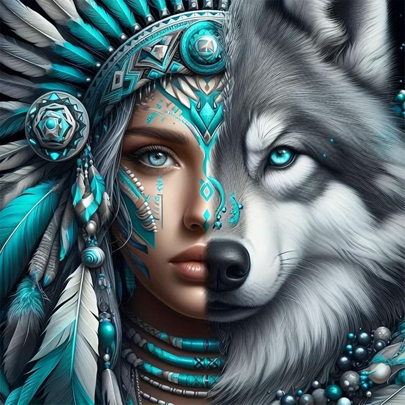 Wolf & Indian Woman Pattern DIY Diamond Art Colorful Painting Kit without Frame, DIY 5D Diamond Art Painting Kit, Wall Art Decor for Home Living Room Bedroom