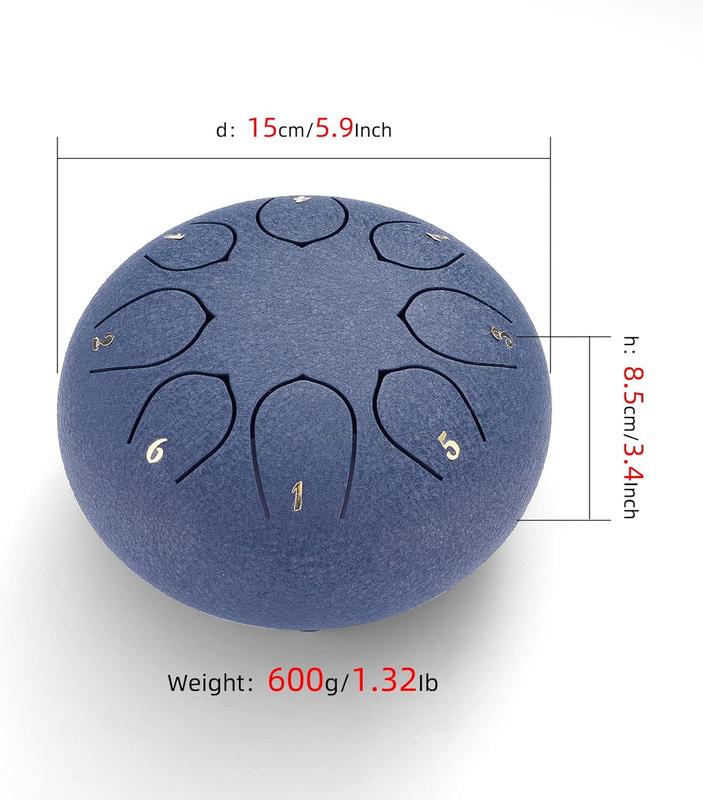 Steel Tongue Drum, 6 Inch 8 Note Rain Chime Drum with Bag, Music Book, Drumsticks, Mallet Holder and Finger Paddles, for Camping, Meditation or Yoga .(Navy Blue)