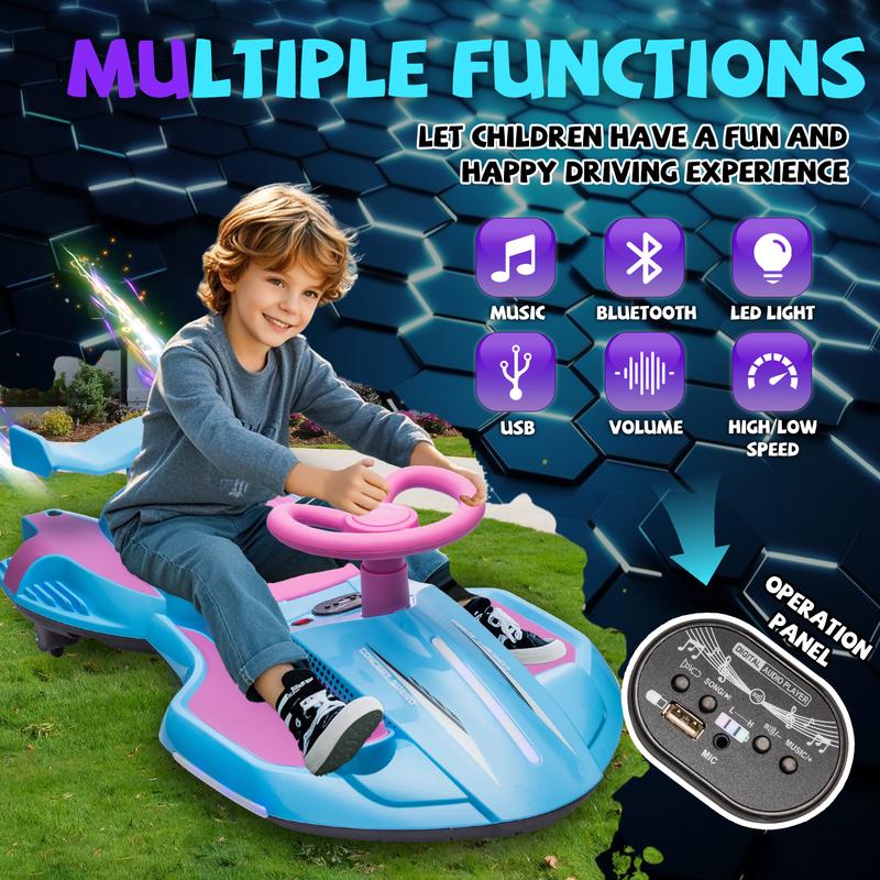 12V Kids Ride On Electric Toy,360 Degree Drift in place,Spray function,Front&Side Lights design,USB MP3,Bluetooth,Music, 3.73-4.35 MPH,Easy installation,Ultimate cool operation for Kids Aged 3+