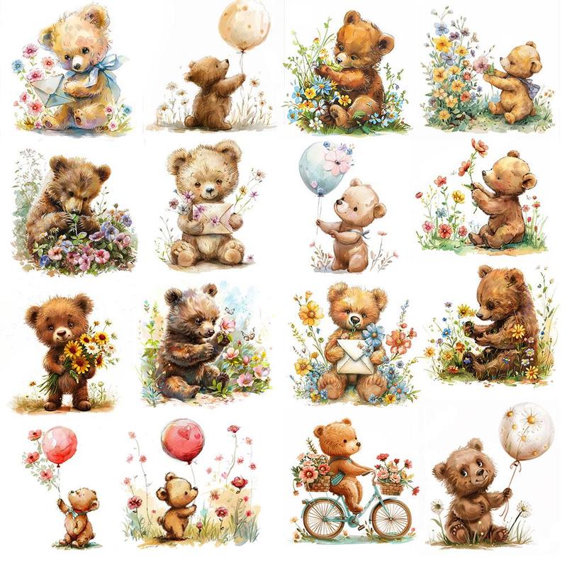 Bear & Flower Pattern Sticker (20pcs set), Cute Cartoon Bear Sticker, DIY Decorative Sticker for Scrapbook & Journal & Gift Wrapping & Greeting Card