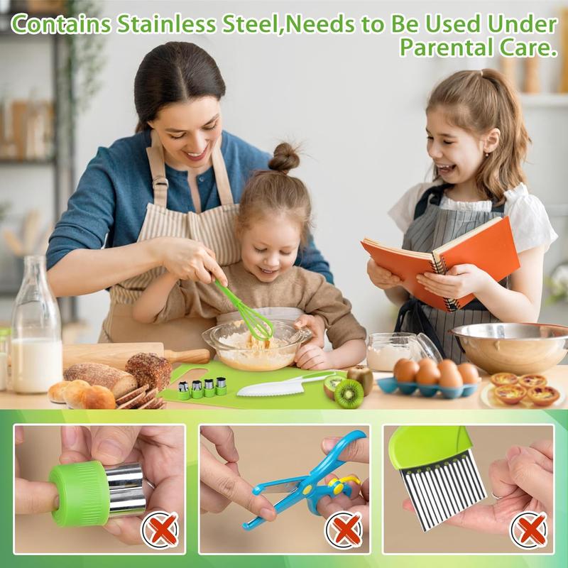 Kids Knife Set for Real Cooking, Montessori Kitchen Tools for Toddlers, Plastic Safe Cooking Utensils, Cutting Board Dinosaur Wooden Knife Fruit Sandwich Peeler Molds with Knives Crinkle Cutter