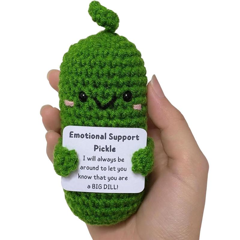 Handmade Emotional Support Pickles,Cucumber Crochet Doll Inspirational Valentine's Day Gift with Wooden Base for Table Decor Handmade Emotional Support Pickles, Crochet Pickle Ornament for Office Table