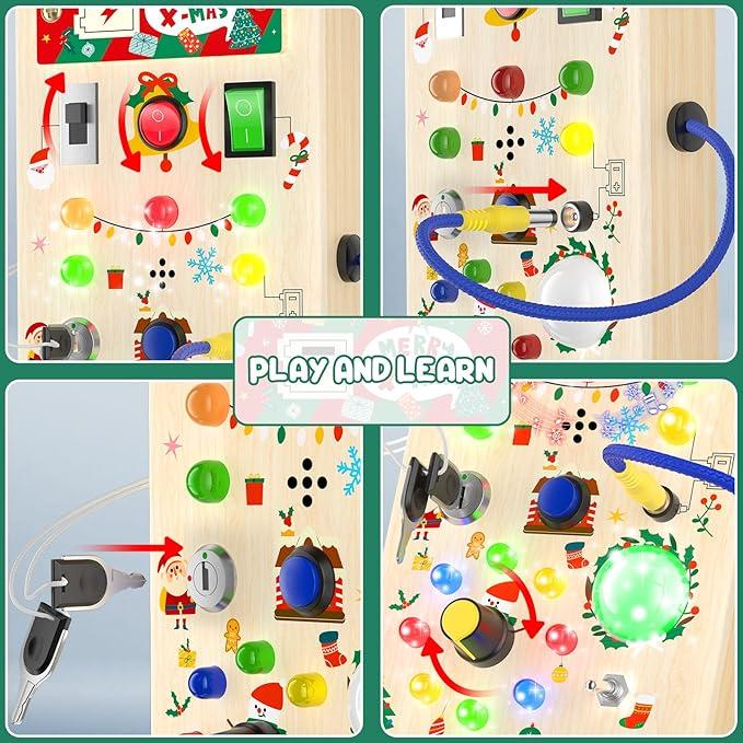 Kids Busy Board, Kids Toys with Music and LED Light Switch, Wooden Sensory Toys Light Switch Toys Travel Toys, Toys for Boys Girls