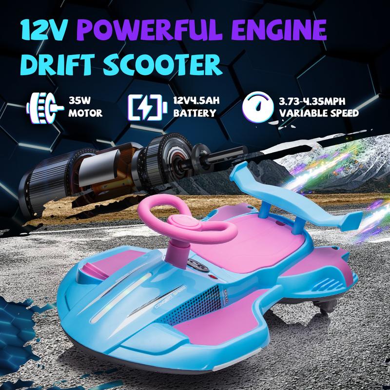 12V Kids Ride On Electric Toy,360 Degree Drift in place,Spray function,Front&Side Lights design,USB MP3,Bluetooth,Music, 3.73-4.35 MPH,Easy installation,Ultimate cool operation for Kids Aged 3+