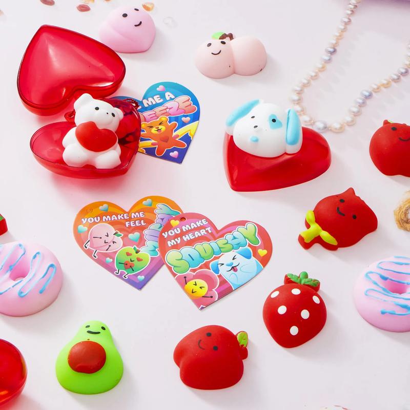 28Pcs Hearts Filled Mochi squishy toy Toys with Kids Valentines Cards for Classroom Exchange